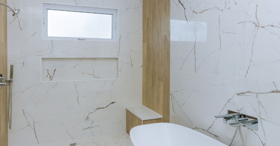 Modern bathroom remodel with walk-in shower